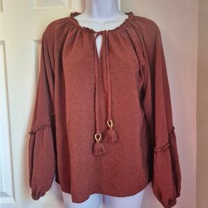Elegant Rust Bell Sleeve Blouse with Ruffle Neck Detail